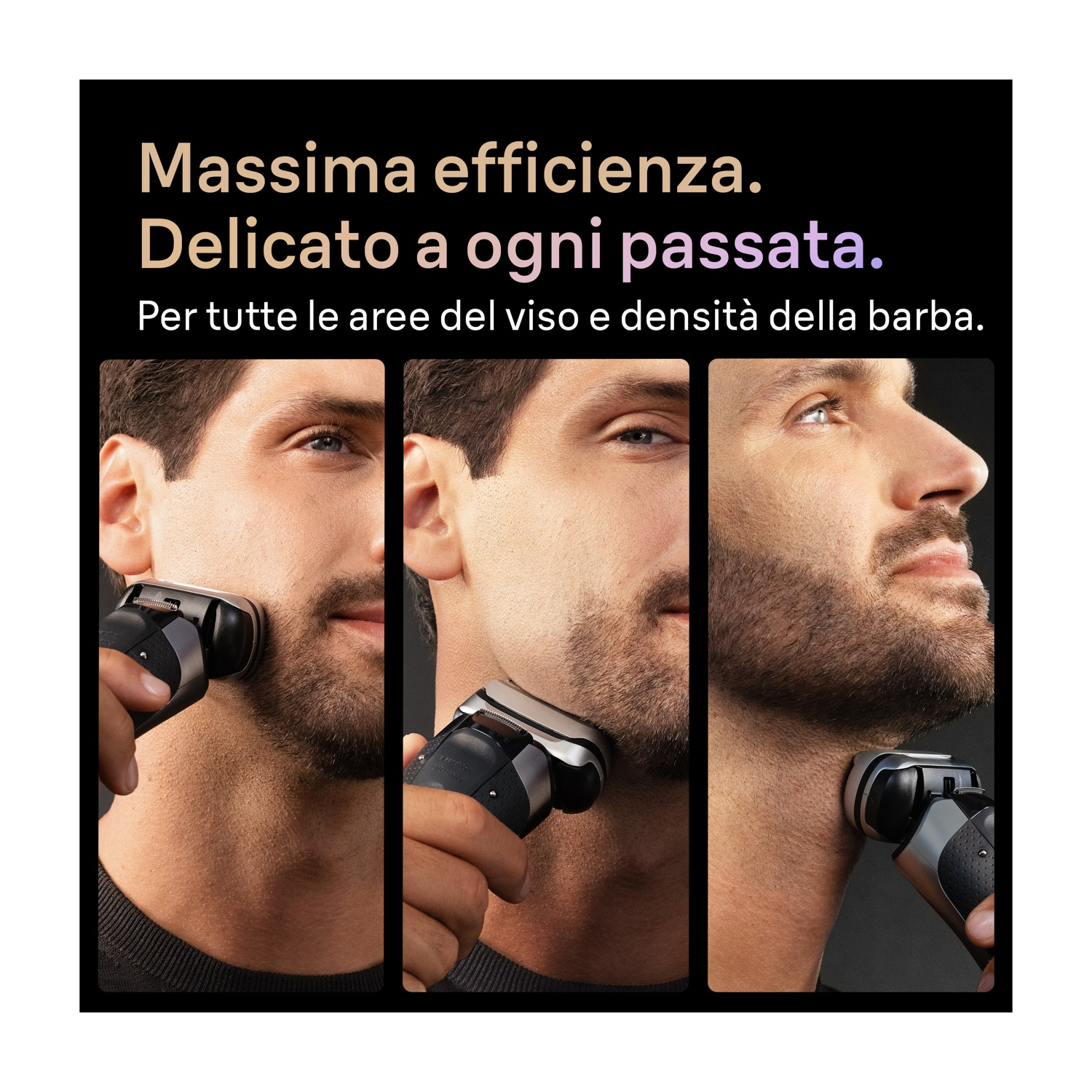 Tre primi piani di un uomo che si rade la barba con un rasoio elettrico su sfondo scuro.