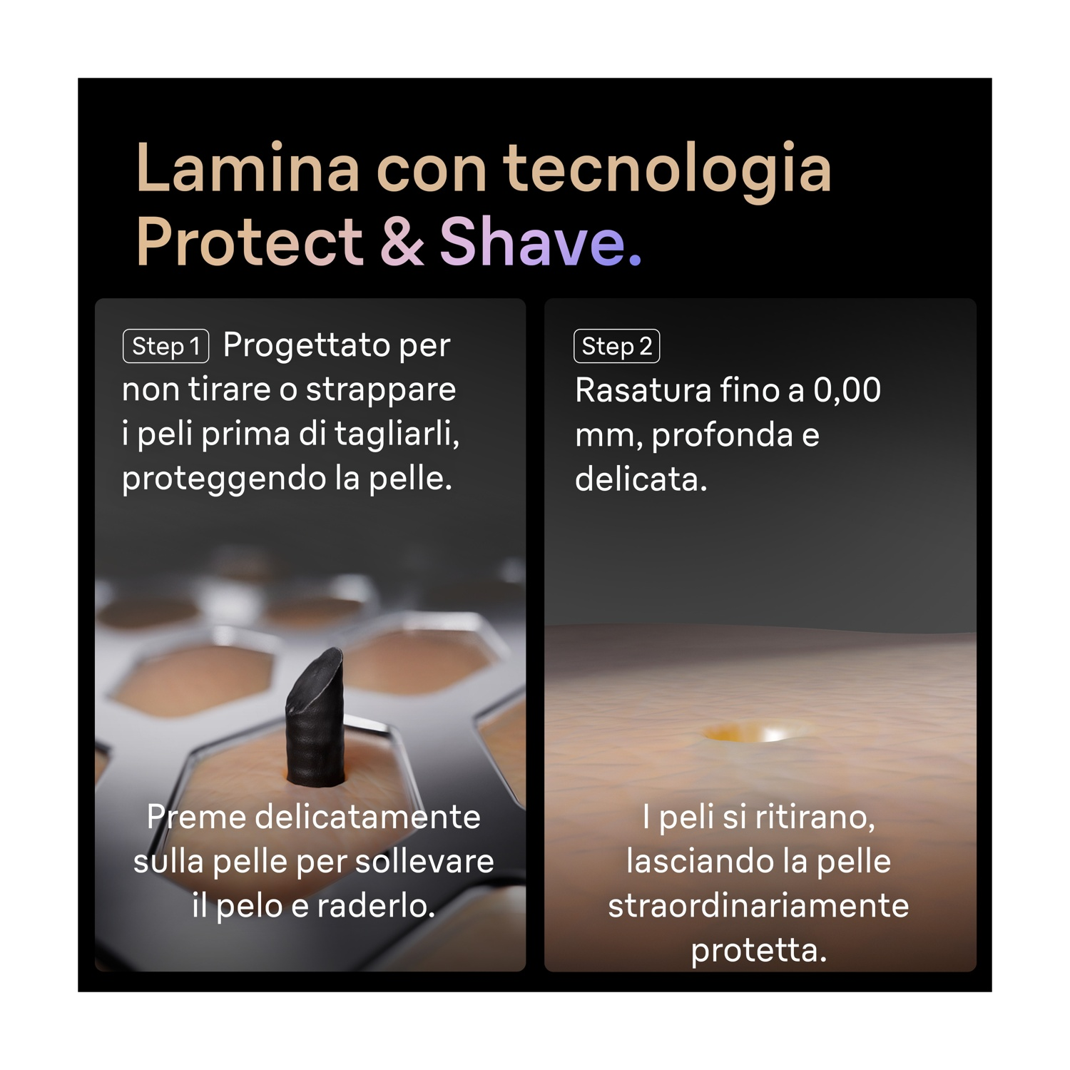 Immagine informativa che mostra la tecnologia di rasatura Protect & Shave in due passaggi.