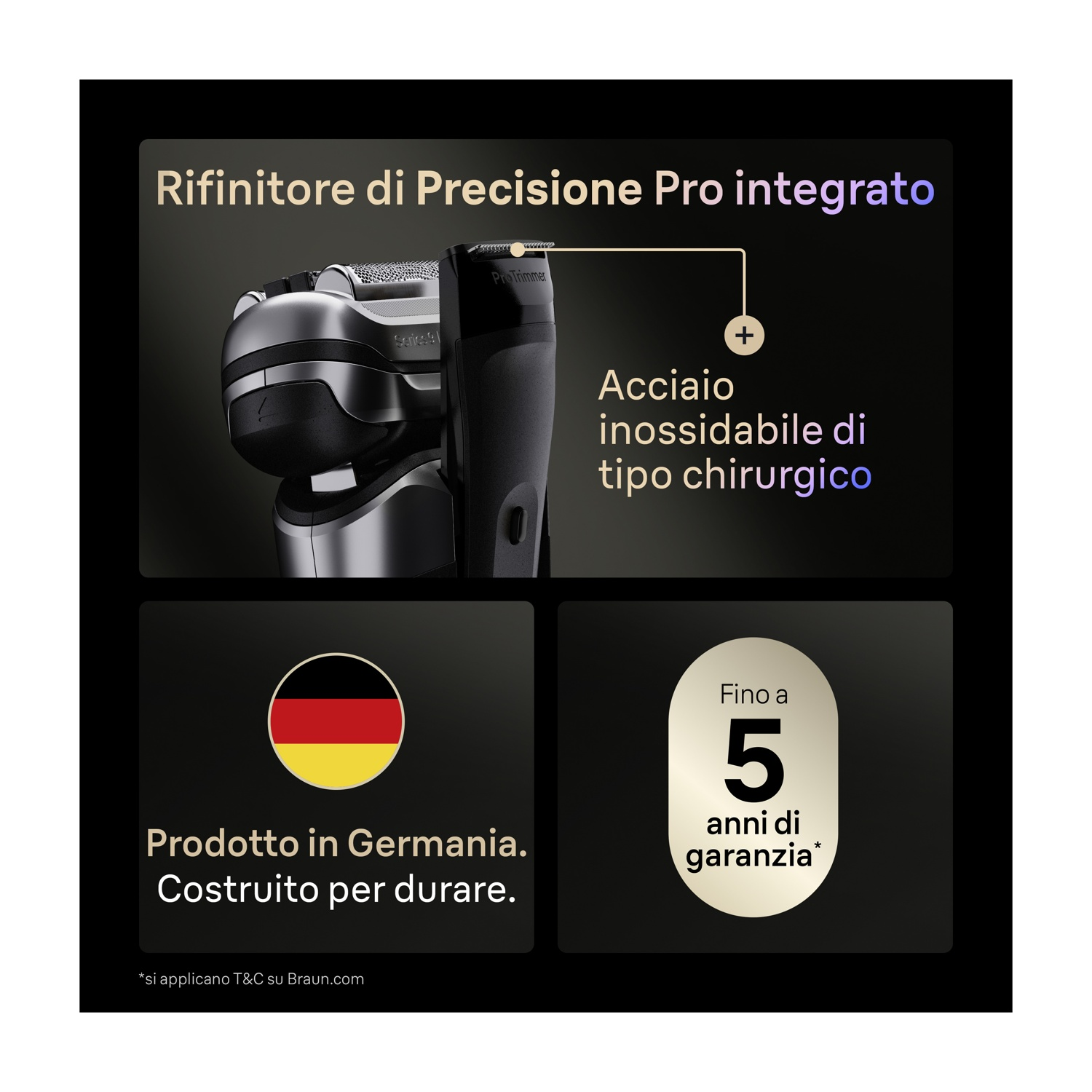 Un rasoio evidenzia il ProTrimmer in acciaio chirurgico, 5 anni di garanzia e produzione tedesca.