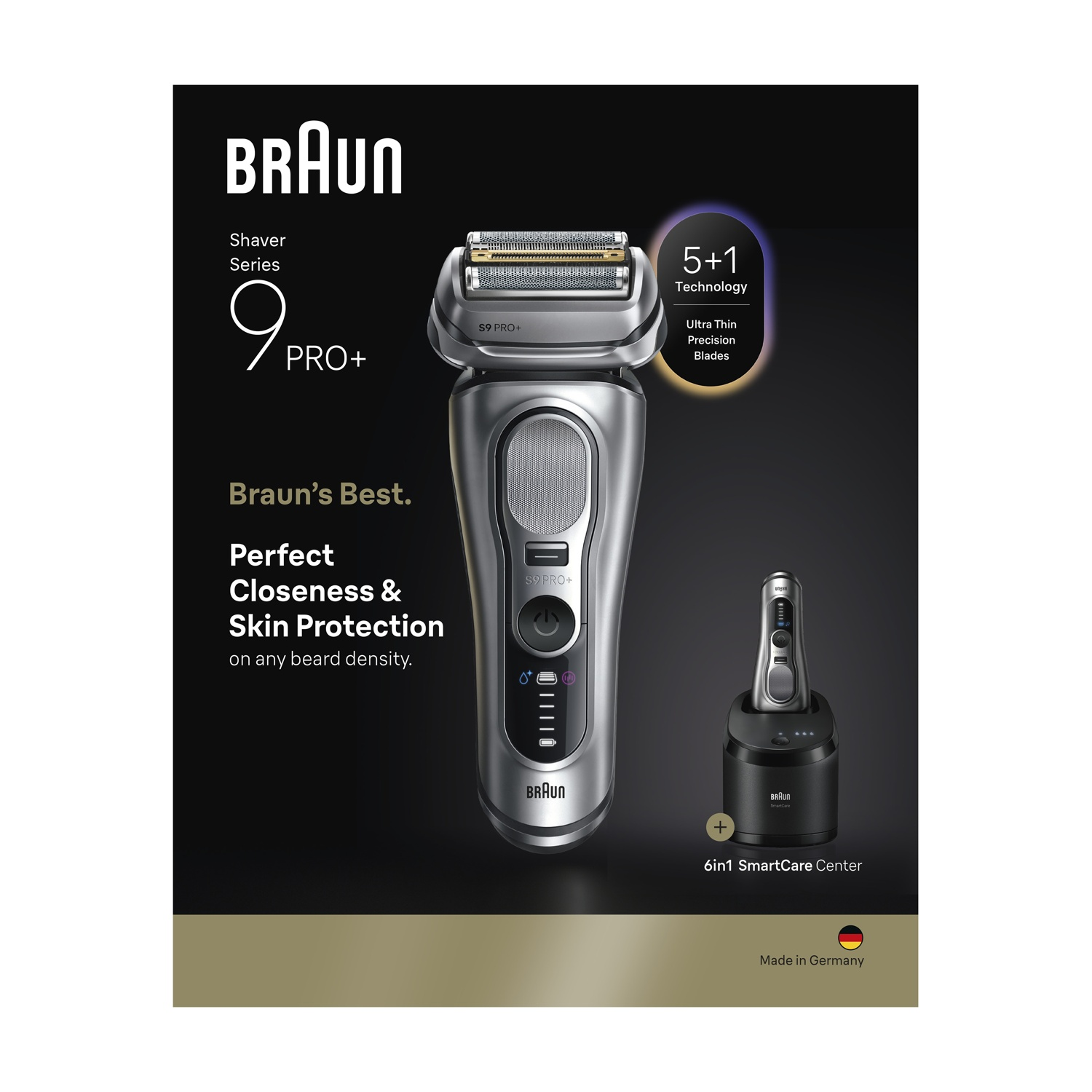 Ras-oio Braun Series 9 PRO+ con centro SmartCare, testo e bandiera tedesca.