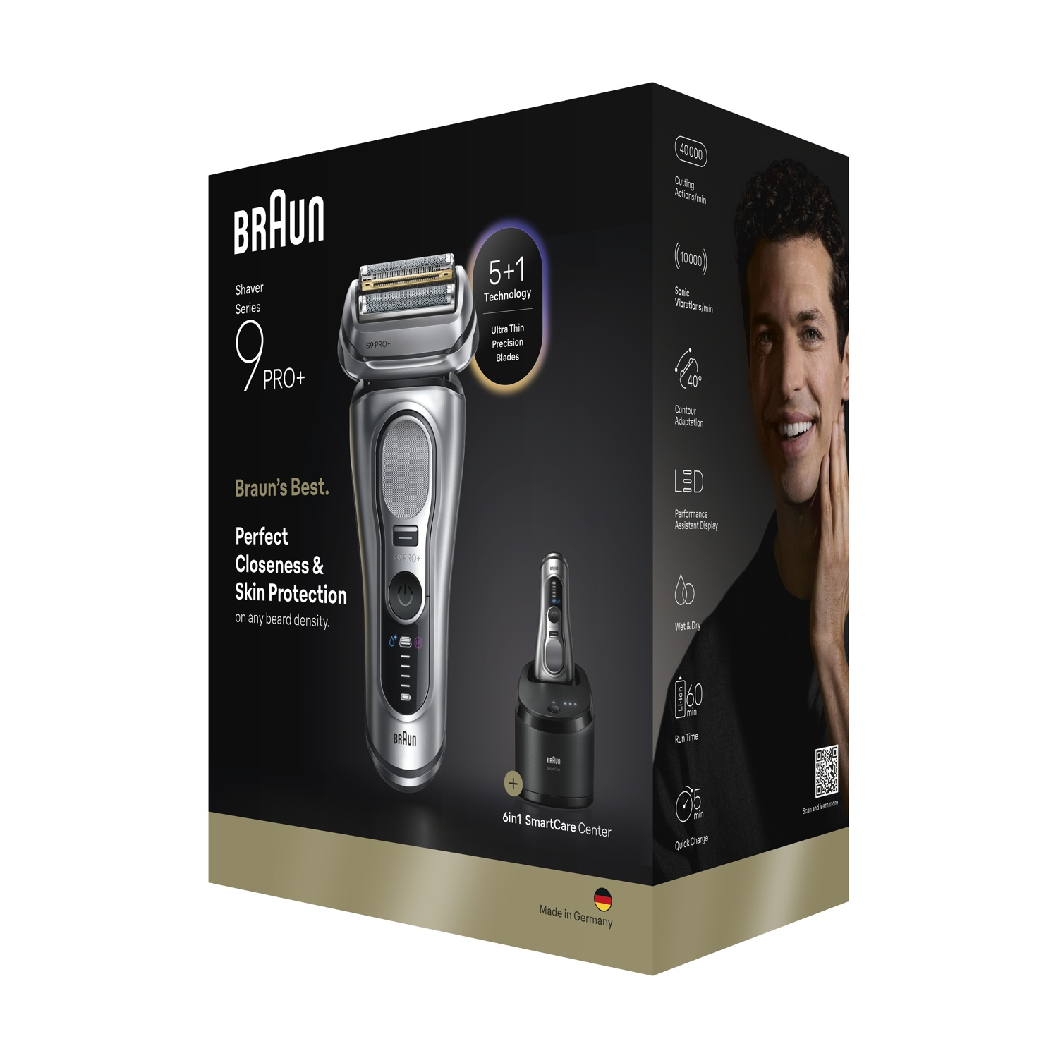 Confezione del rasoio Braun Series 9 Pro+, con rasoio argentato, base di ricarica e un uomo sorridente.