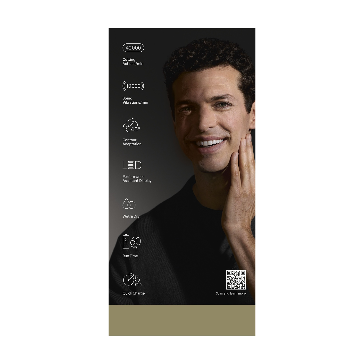 Un uomo sorridente mostra la pelle liscia in primo piano, circondato da caratteristiche del prodotto e un QR code.