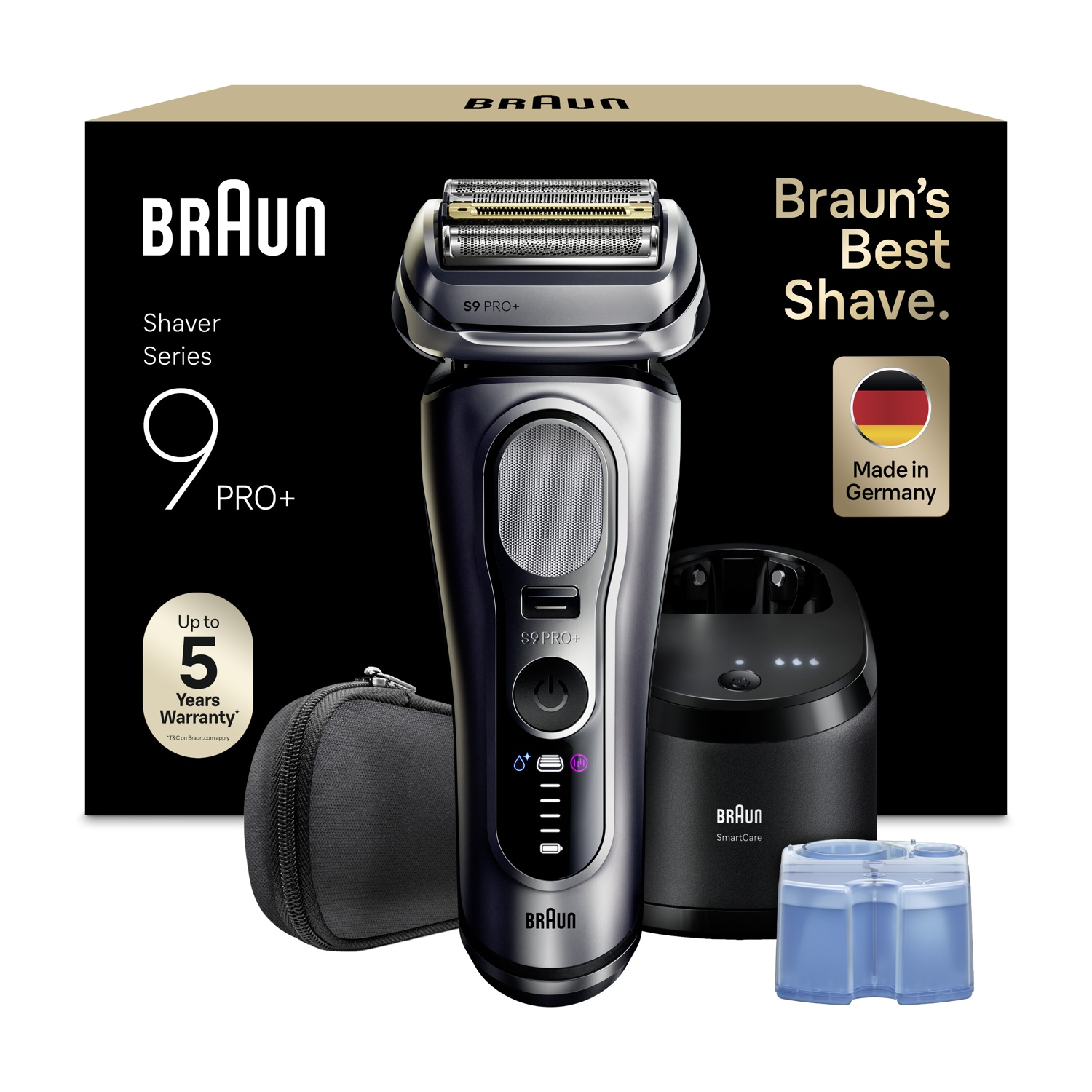 Rasoio Braun Series 9 Pro+ con custodia, stazione di pulizia e scatola su sfondo nero.