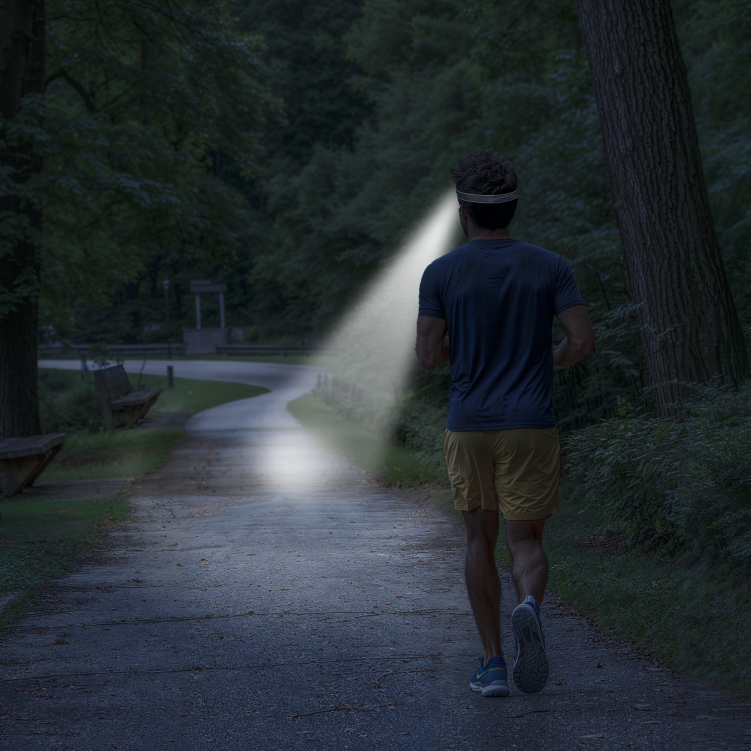 Een hardloper jogt 's nachts over een donker parkpad en verlicht de weg met een hoofdlamp.