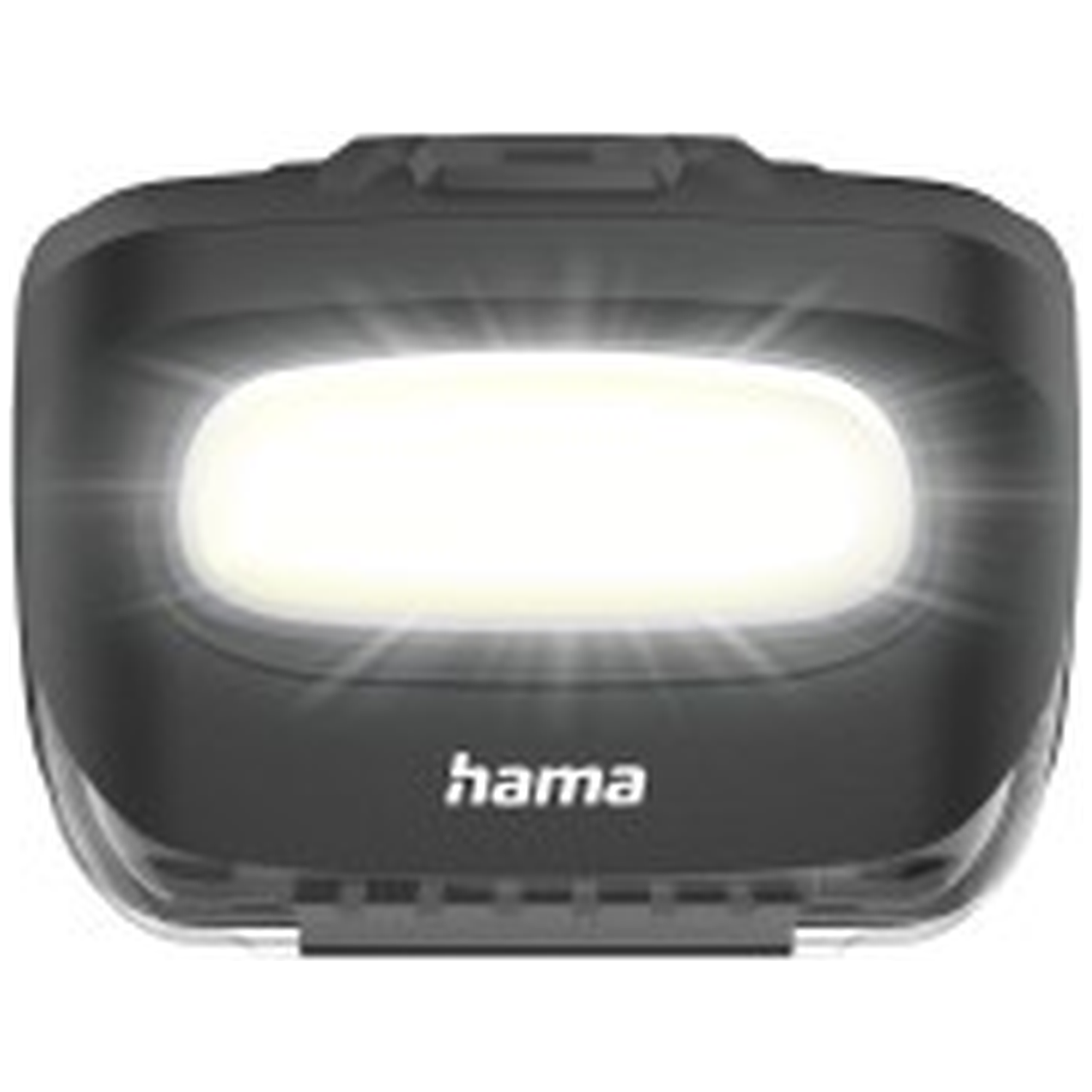 Zwarte Hama hoofdlamp met brandend fel LED-licht en wit logo.
