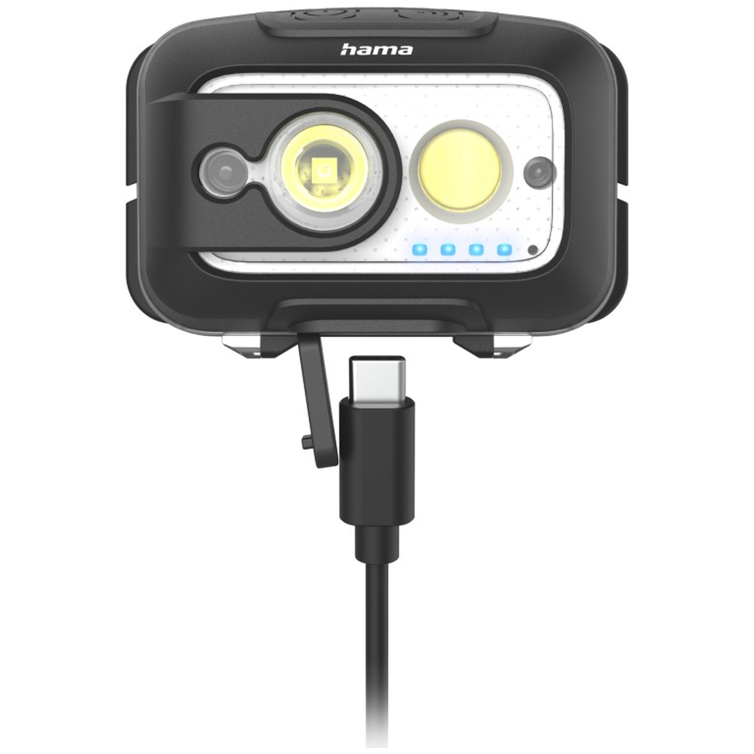 Zwarte Hama LED-werklamp met twee lampen en een aangesloten USB-C-oplaadkabel.