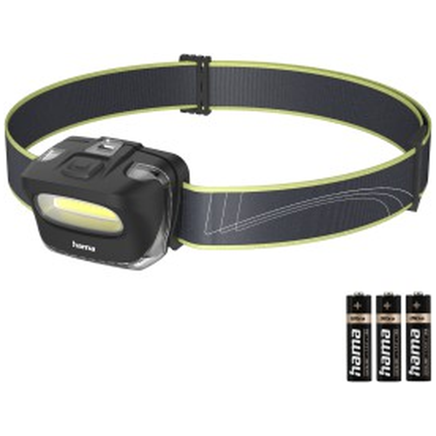 Een zwarte LED-hoofdlamp met elastische hoofdband en drie bijgeleverde Hama batterijen.