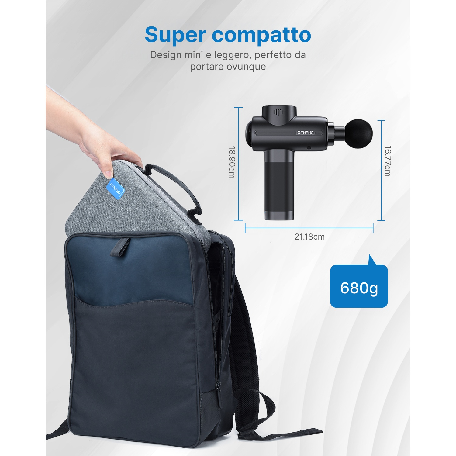 Pistola massaggiante compatta con custodia grigia e dimensioni su sfondo chiaro.