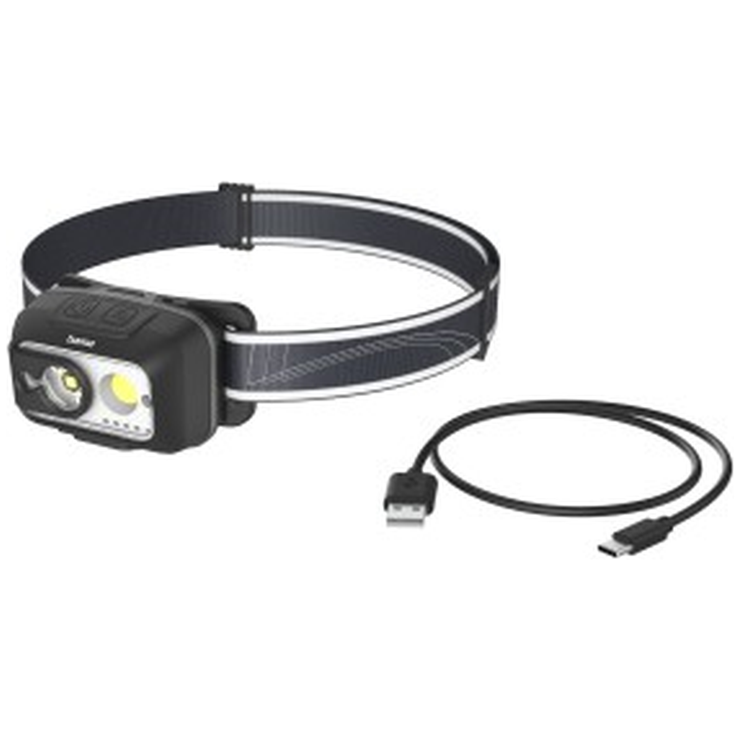 Zwarte LED-hoofdlamp met elastische hoofdband en oplaadkabel.