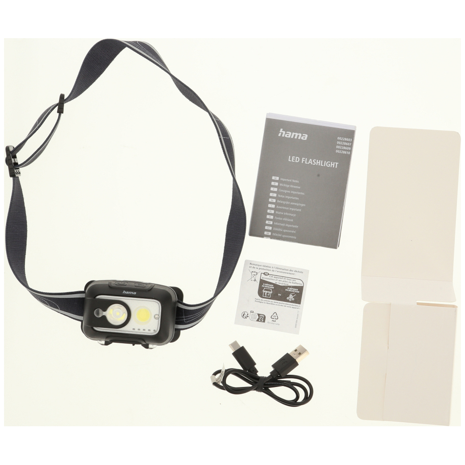 Een zwarte LED-hoofdlamp met hoofdband, oplaadkabel, handleiding en witte verpakking.