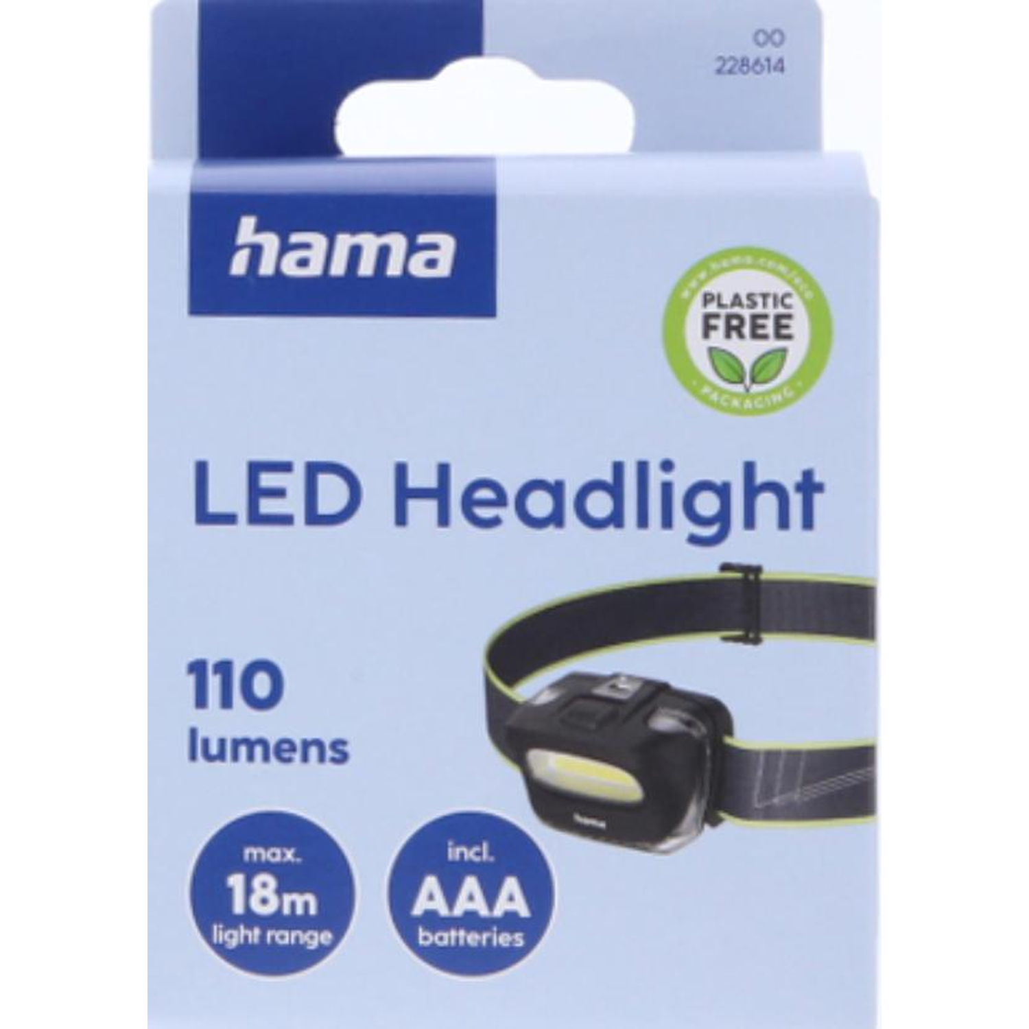 Productverpakking van een blauwe Hama LED-koplamp met 110 lumen en 18m bereik.
