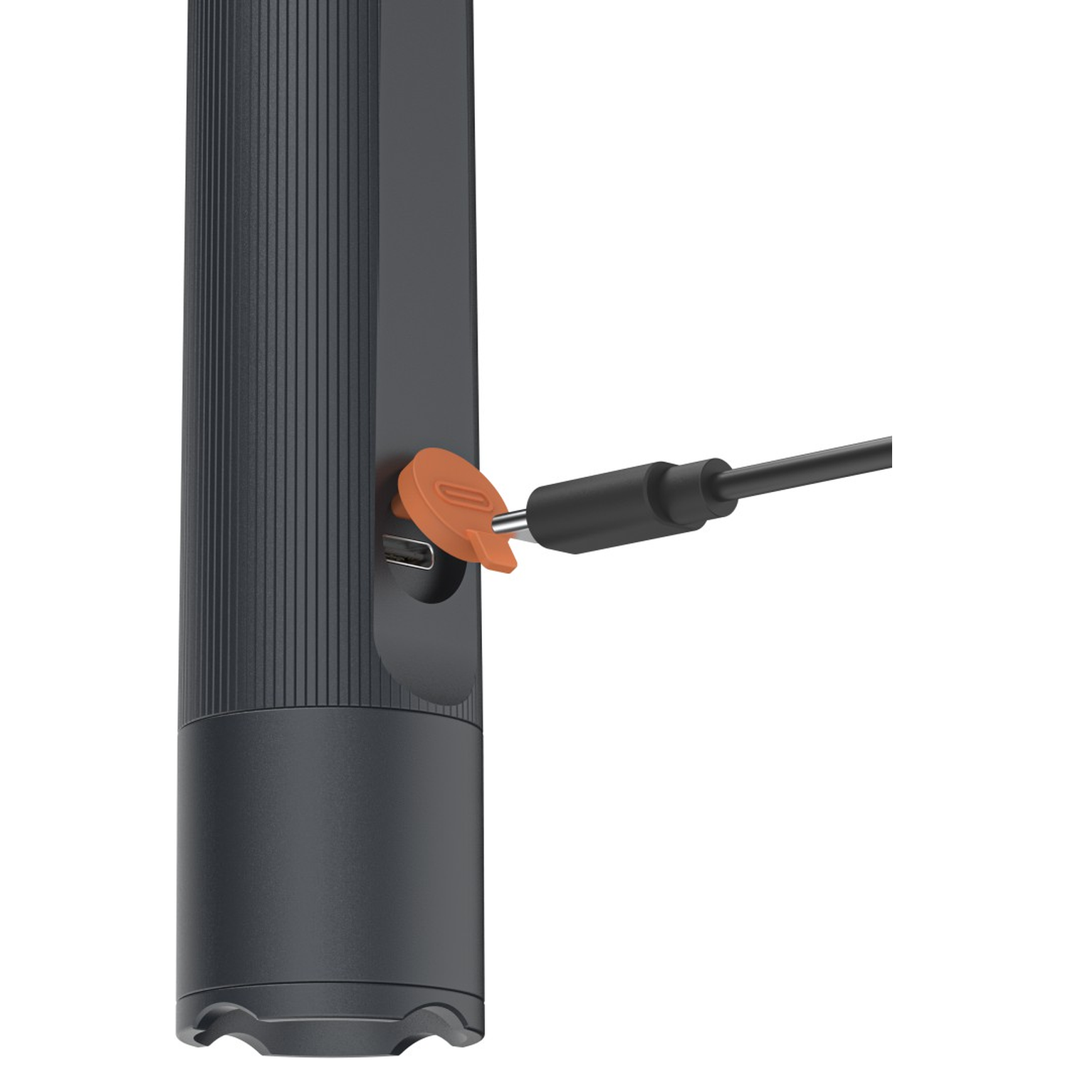 Een zwart apparaat met een geribbelde handgreep en een kabel die op een USB-C-poort wordt aangesloten.