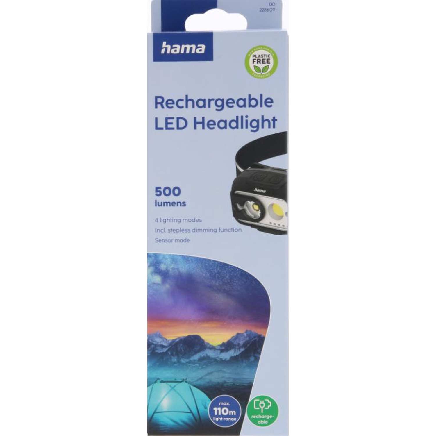 Verpakking van de Hama oplaadbare LED-koplamp met 500 lumen en een berglandschap.