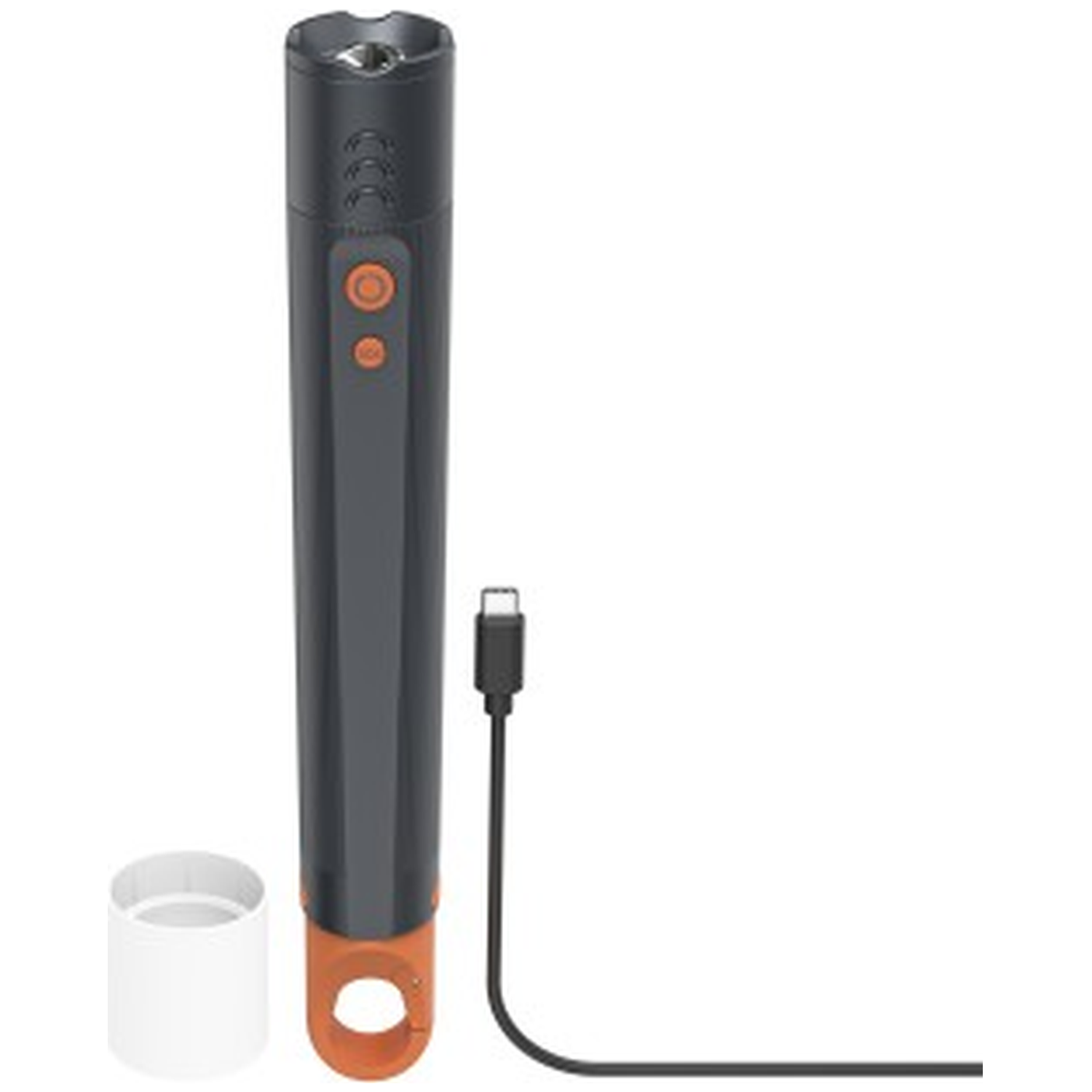 Een grijze zaklamp met oranje handgreep, een USB-kabel en een apart wit cilindrisch element.