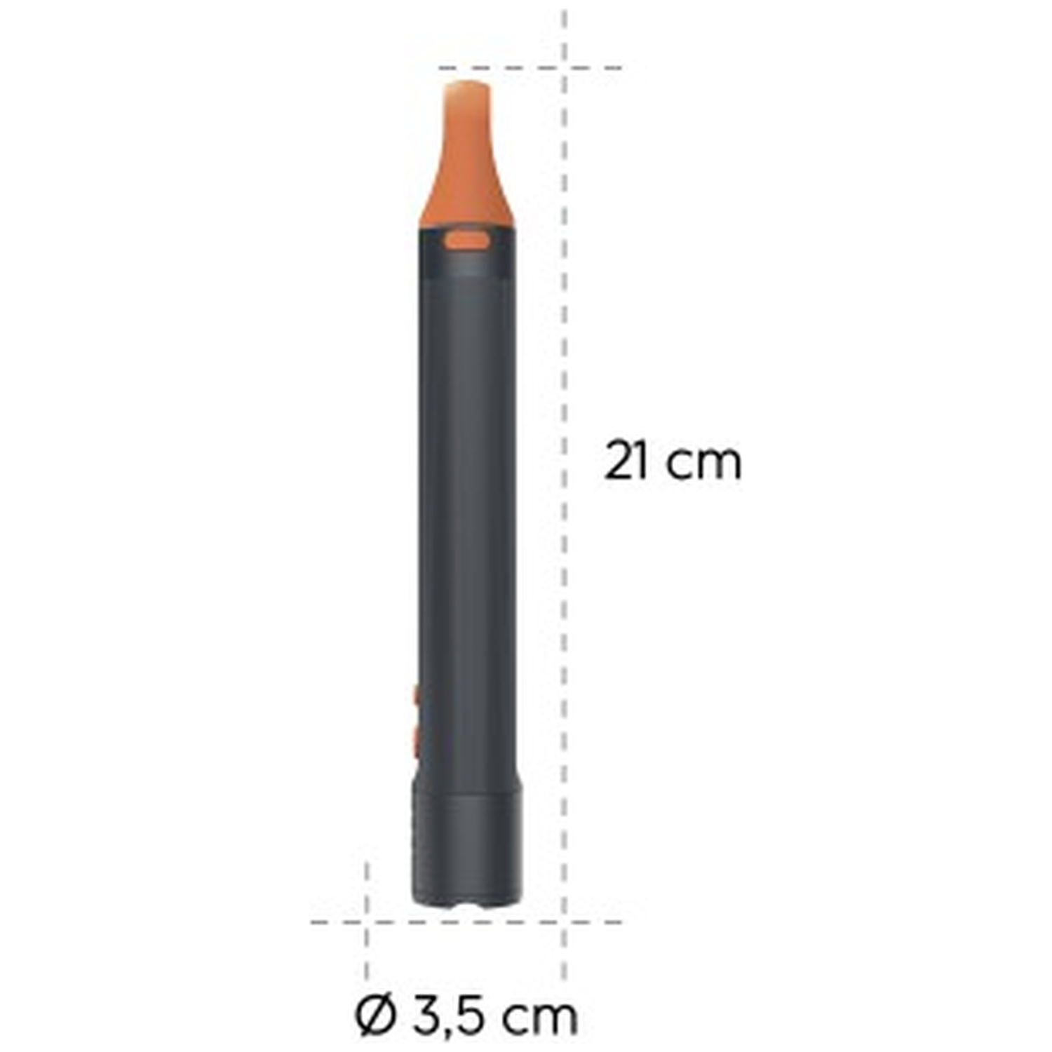 Grijs en oranje pen, 21 cm lang, diameter 3,5 cm.