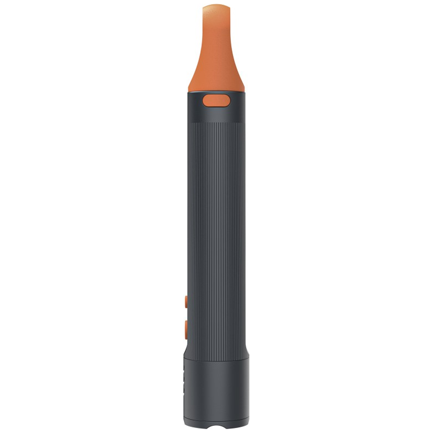 Een cilindrisch donkergrijs elektronisch apparaat met een oranje mondstuk en knoppen op een witte achtergrond.