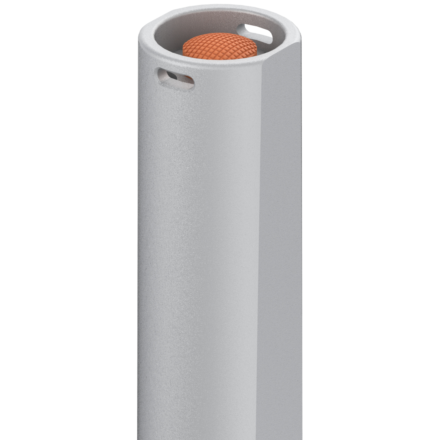 Een hoge, grijze, cilindrische container met een getextureerde oranje dop zichtbaar in de bovenkant.