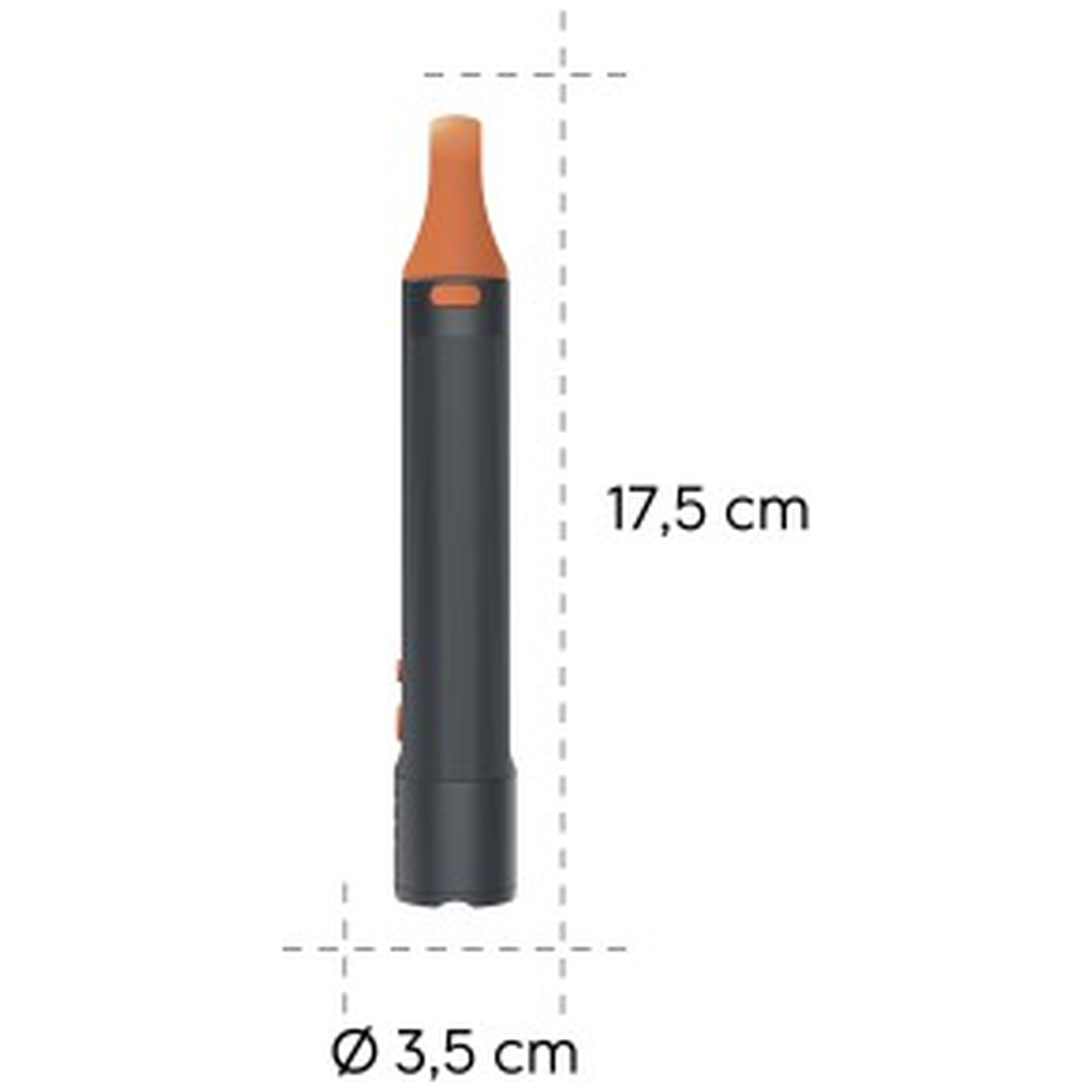 Een cilindrisch donker apparaat met oranje mondstuk, 17,5 cm lang en 3,5 cm in doorsnede.