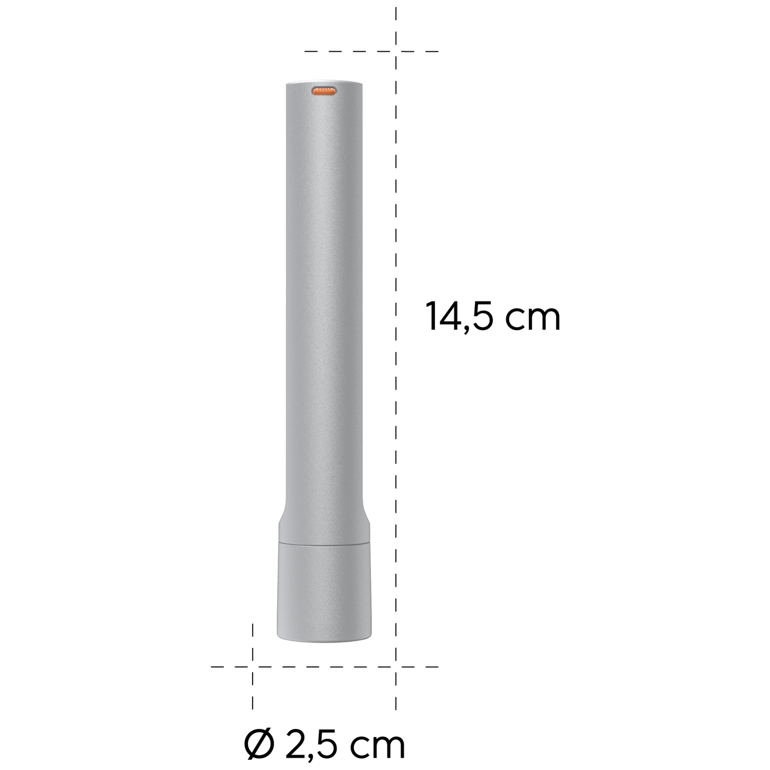 Technische tekening van een zilveren cilinder met afmetingen: hoogte 14,5 cm, diameter 2,5 cm.