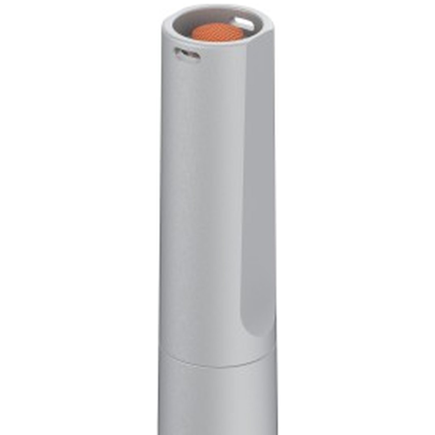 Een grijze cilindrische container met een rond oranje inzetstuk aan de bovenkant op een witte achtergrond.