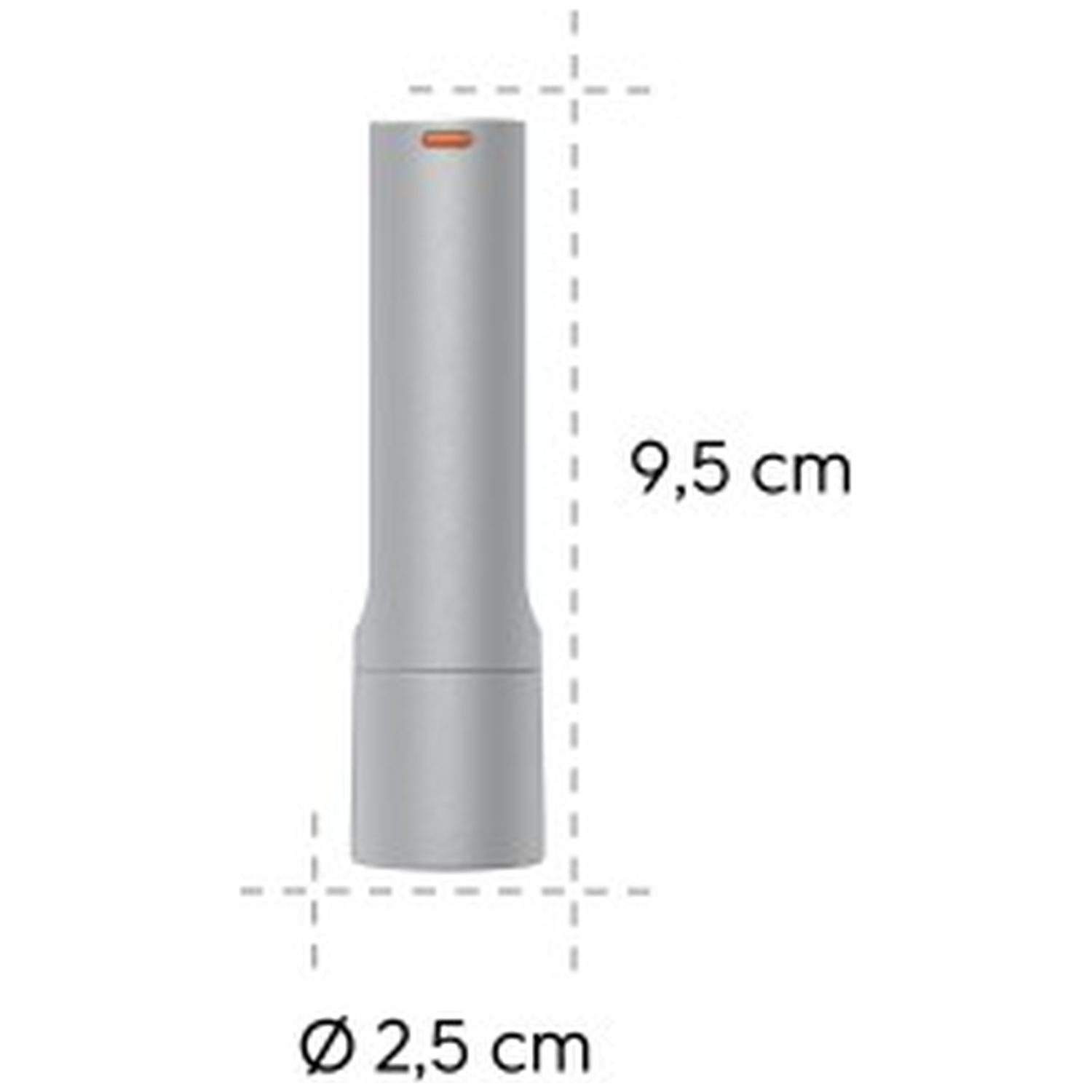 Grijs cylindrisch object met afmetingen van 9,5 cm hoog en 2,5 cm diameter.