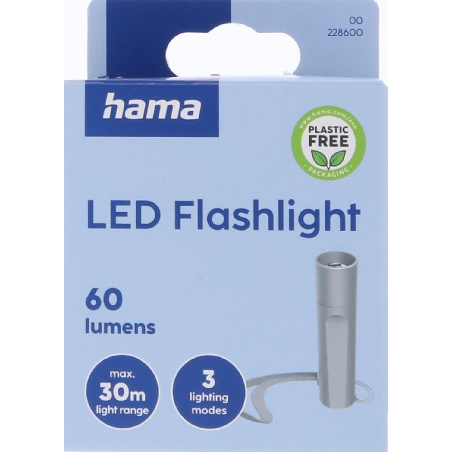 Een lichtblauwe Hama LED-zaklampdoos met specificaties en plasticvrij zegel.