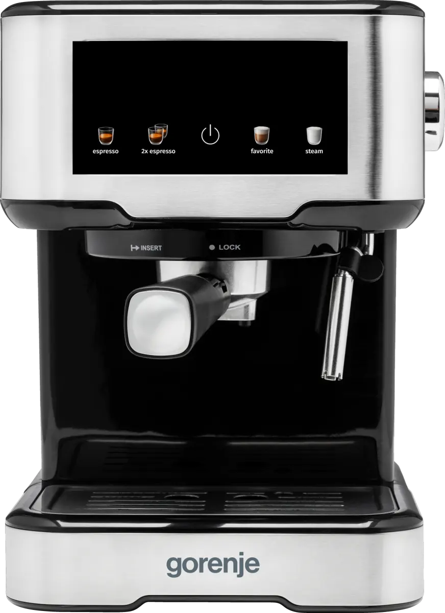 Modern fekete és rozsdamentes acél Gorenje eszpresszógép digitális kijelzővel és gőzölővel.