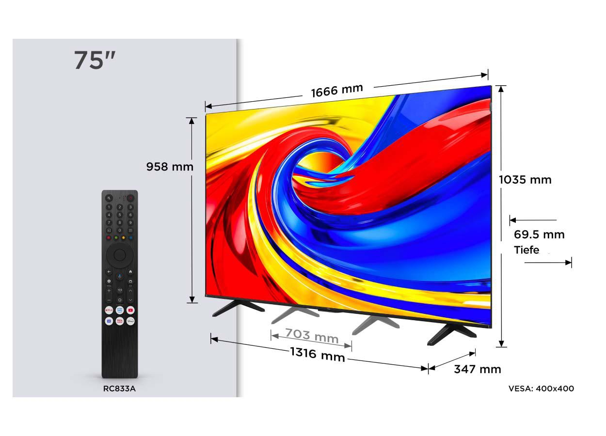 Diagramm eines 75-Zoll-Fernsehers mit Maßen und Fernbedienung.