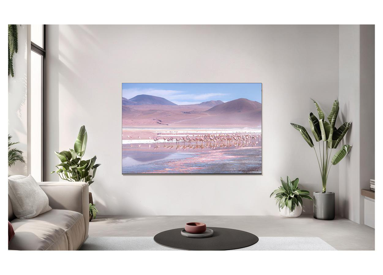 Wohnzimmer mit einem großen TV an der Wand, der eine Landschaft mit Flamingos zeigt, flankiert von Zimmerpflanzen.