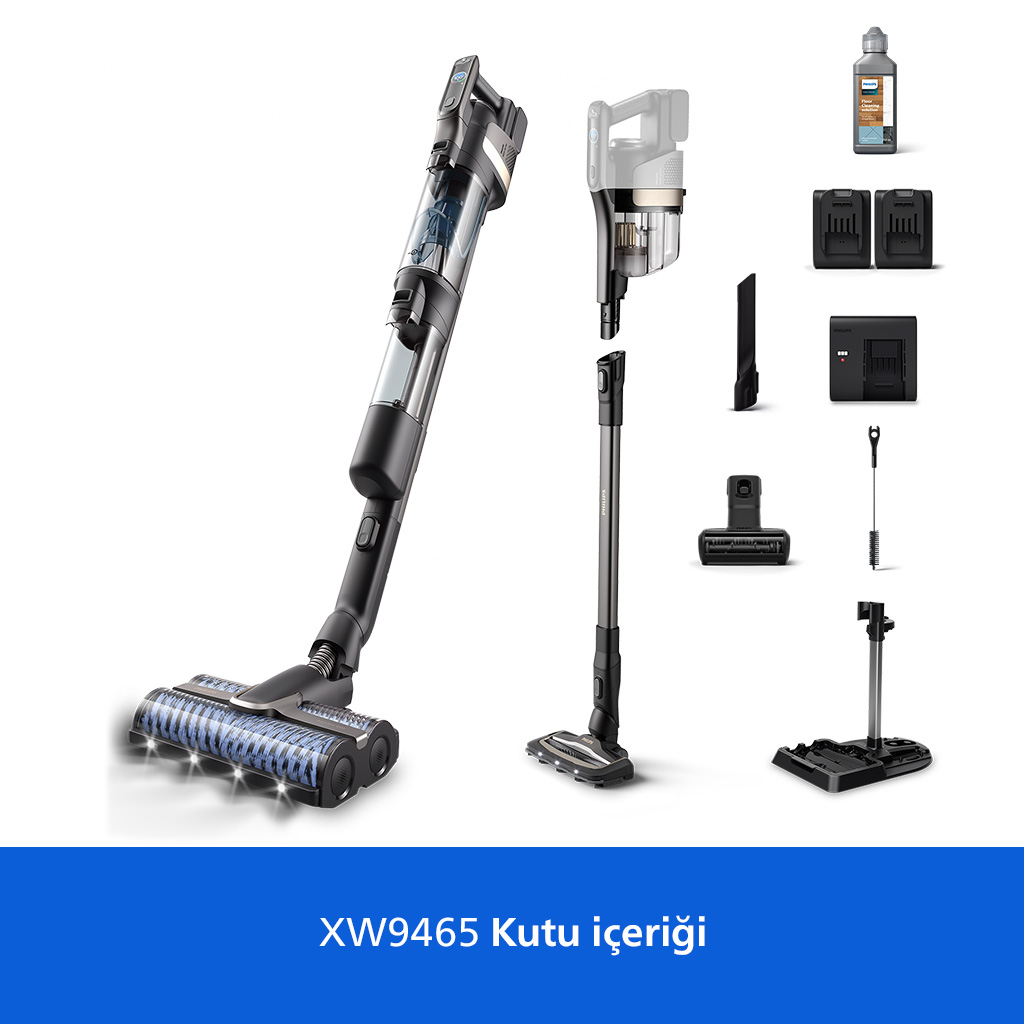 Beyaz arka planda çeşitli aksesuarlar ve temizleme sıvısı ile kablosuz elektrikli süpürge XW9465.