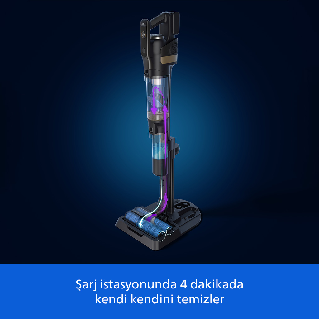 Koyu mavi arka plan üzerinde mor oklarla şarj istasyonunda duran siyah dikey şarjlı süpürge.