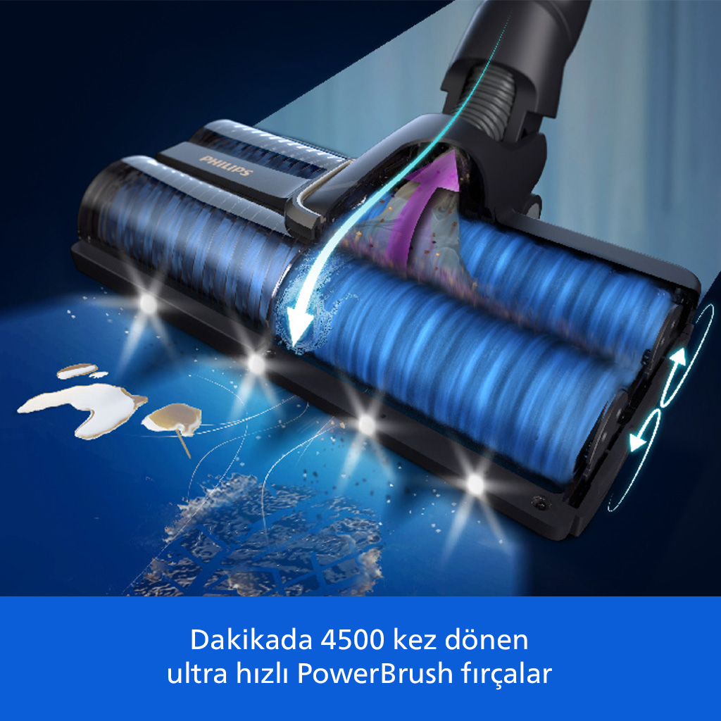 Mavi dönen fırçalı ve ışıklı Philips süpürge başlığı zemini temizliyor.