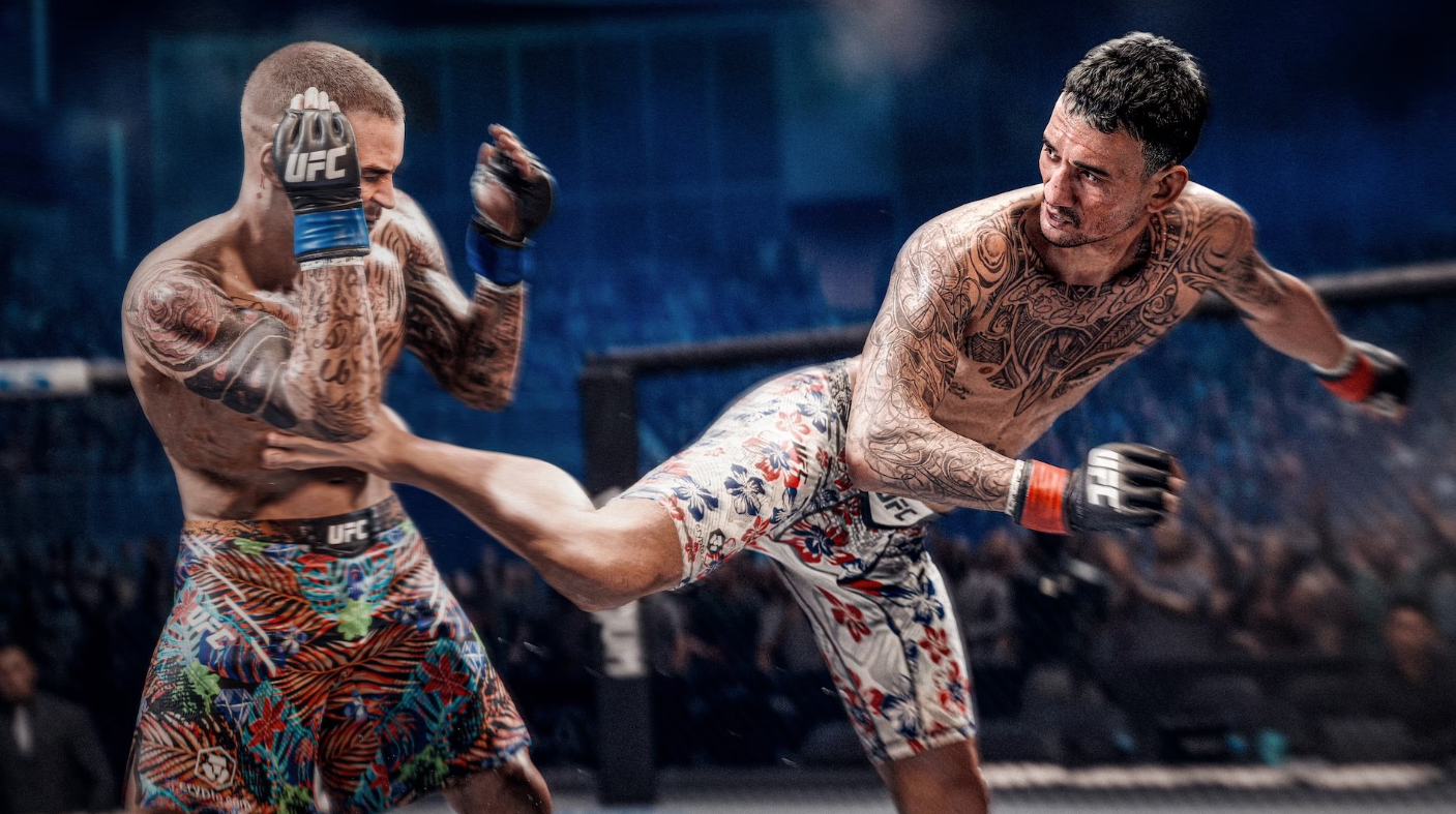 Dos luchadores tatuados de la UFC en una arena, uno patea hacia el otro.
