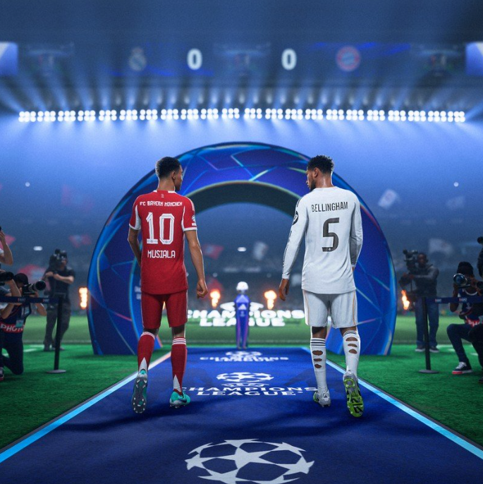 Dos futbolistas con camisetas caminan por un túnel arqueado hacia un campo iluminado.