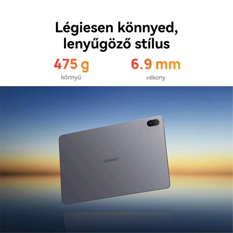 Egy Huawei tablet látható esti égbolt és víz előtt, a súlyát és vastagságát jelző szöveggel.