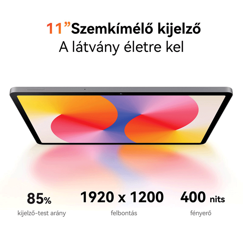 Tabletta 11 hüvelykes kijelzővel, színes grafikával és adatokkal.