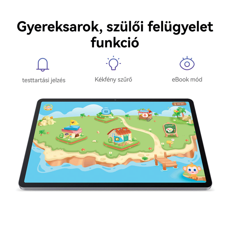 Egy tablet színes gyerekalkalmazást mutat felette szülői felügyeleti ikonokkal.