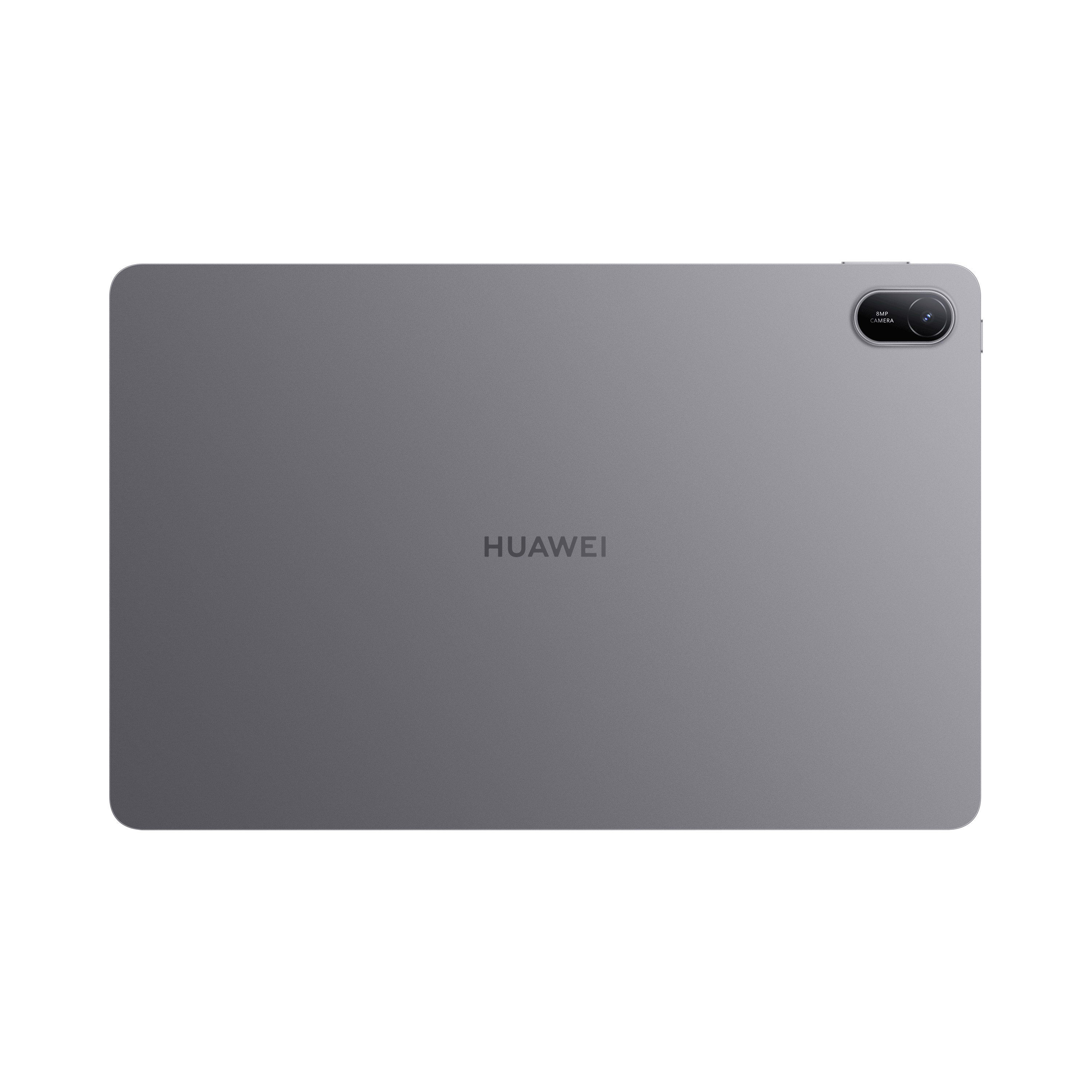 Egy szürke Huawei táblagép hátoldala felső kameramodullal és középre helyezett logóval, fehér háttérrel.
