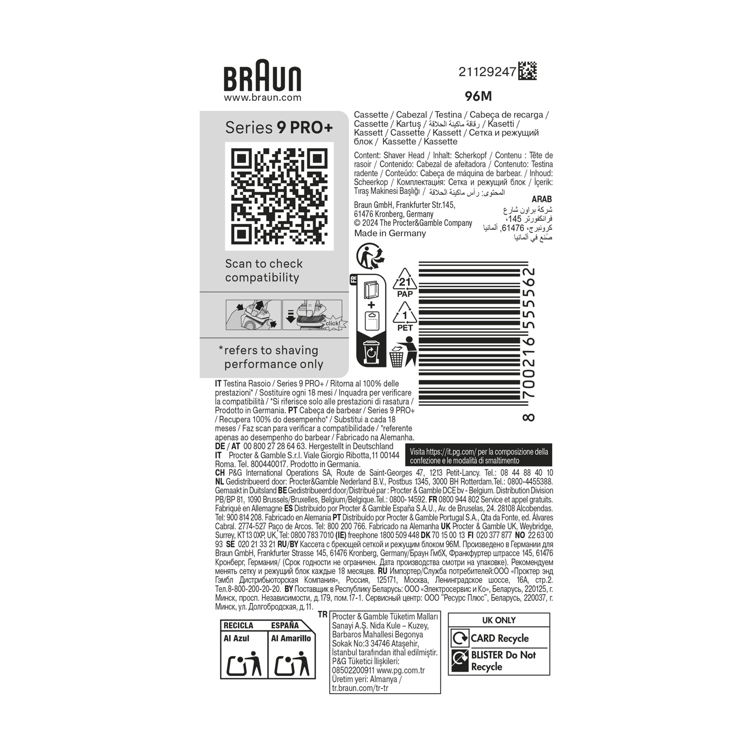 Retro della confezione Braun Series 9 PRO+ con testo, codice QR, codice a barre e icone di riciclaggio.