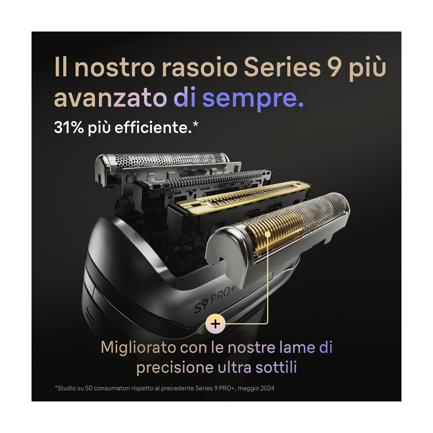 Vista esplosa della testina di un rasoio con lame dorate e argentate, con testo in italiano.