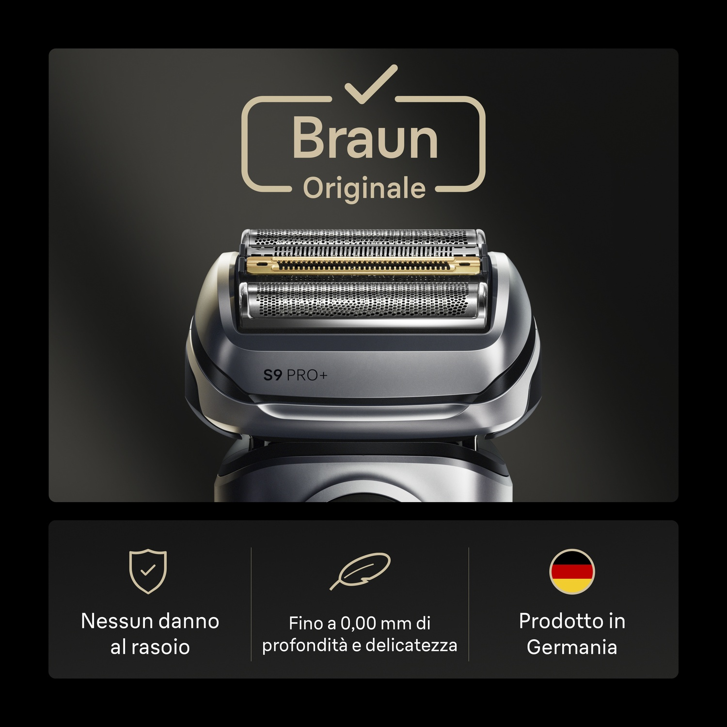 Primo piano della testina Braun S9 Pro+ con testo su parti originali e caratteristiche.