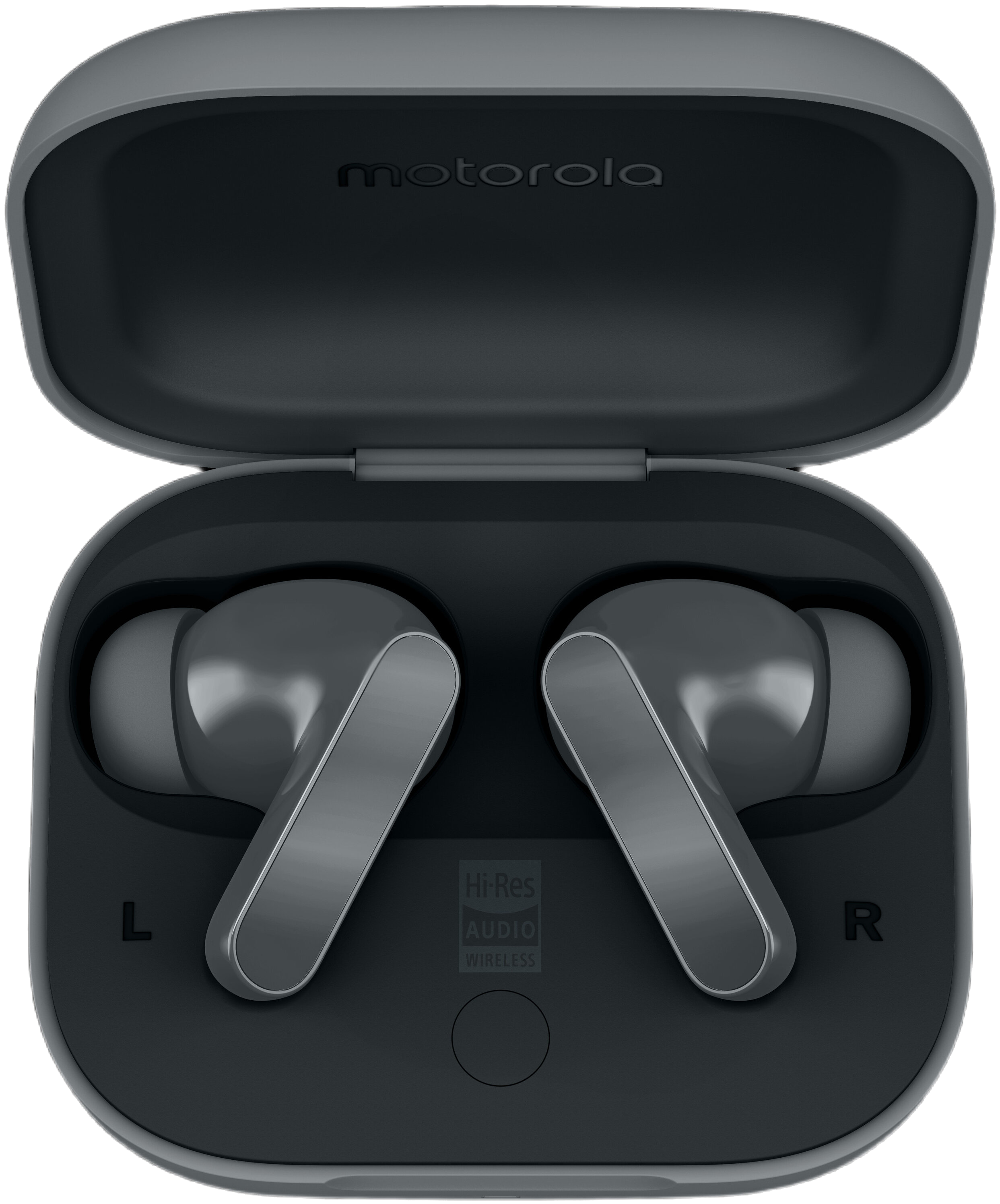 Szare bezprzewodowe słuchawki Motorola w otwartym etui ładującym z logo Hi-Res Audio.