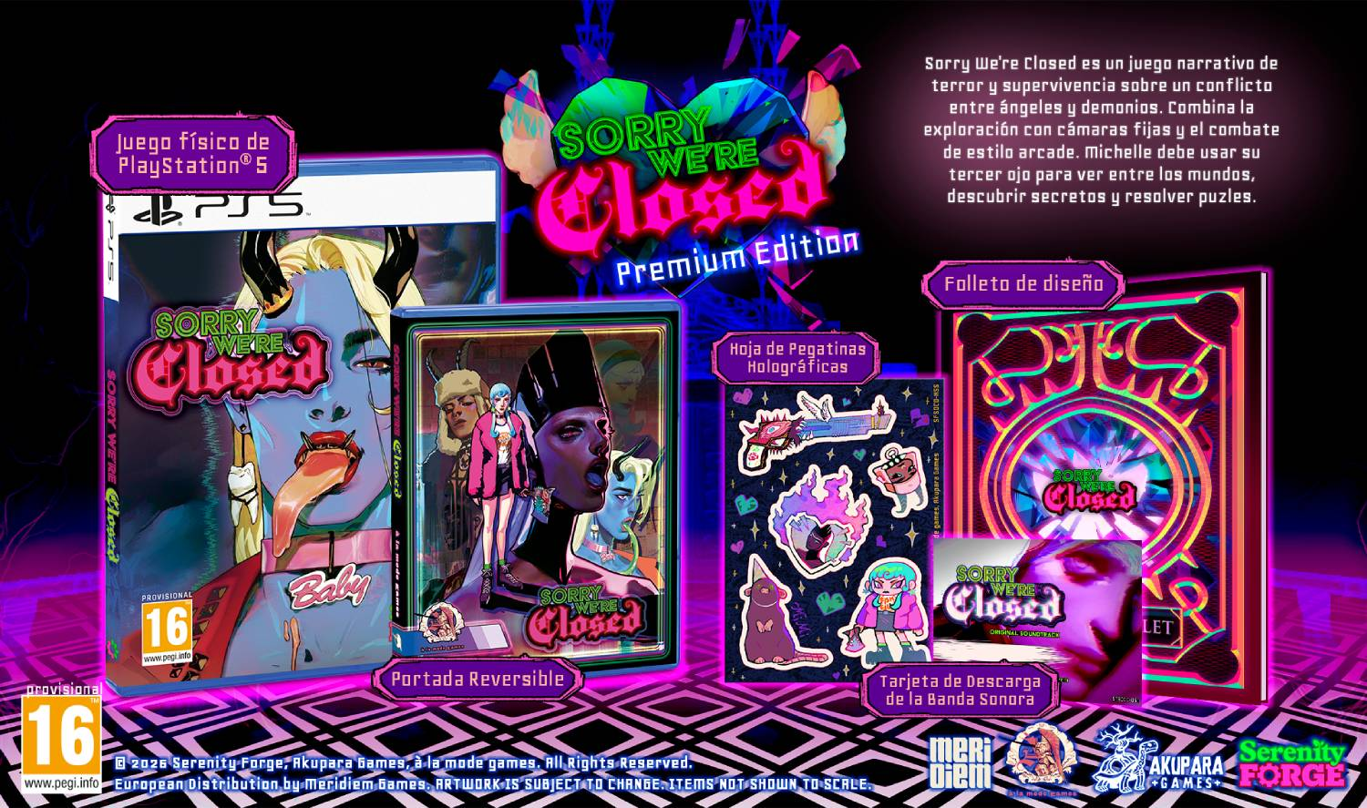 La edición premium de Sorry We're Closed incluye juego, portada, pegatinas y libro de arte en fondo neón.