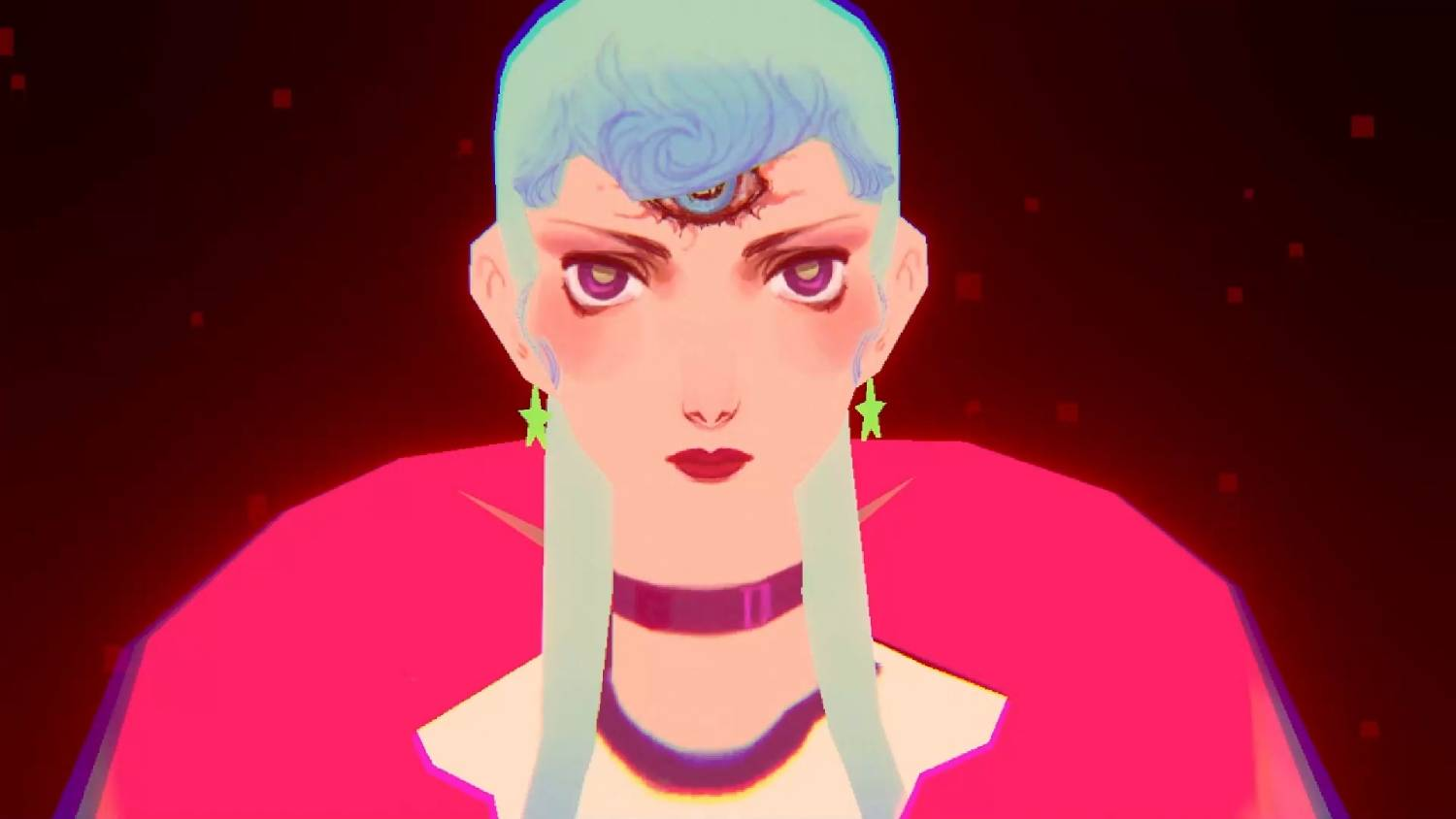 Un personaje estilizado con cabello azul, ojos morados, un tercer ojo en la frente y aretes de estrella sobre fondo rojo.