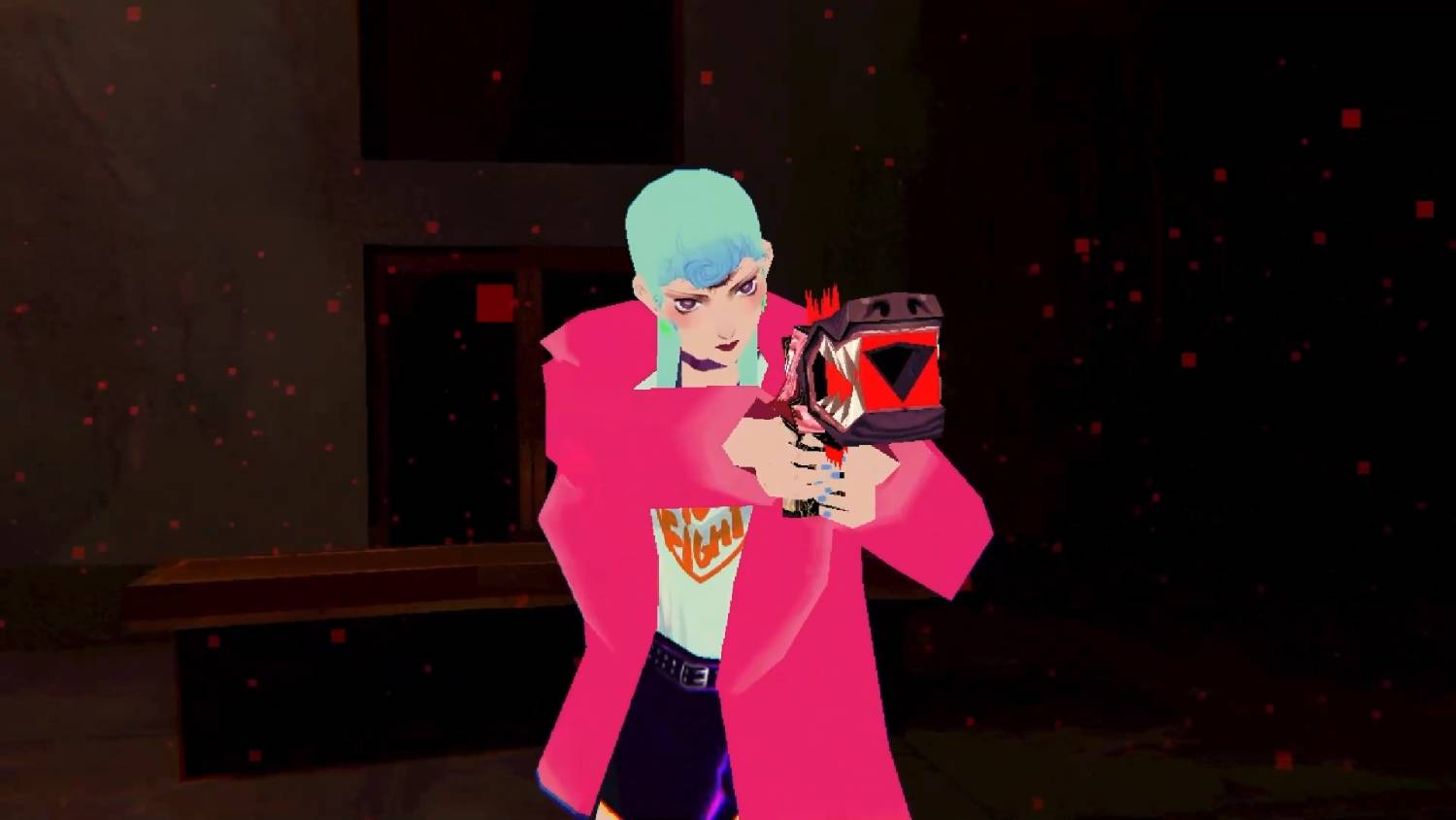 Un personaje con cabello azul claro y abrigo rosa apunta con un arma contra un fondo oscuro.