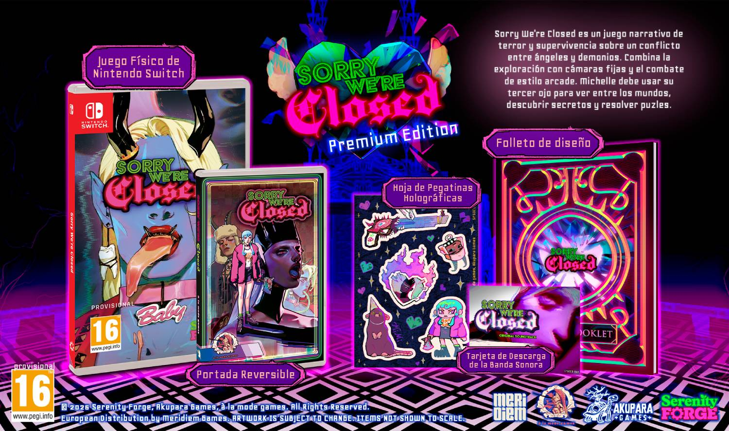 Edición Premium de Sorry We're Closed para Nintendo Switch con juego, pegatinas y libro de arte.
