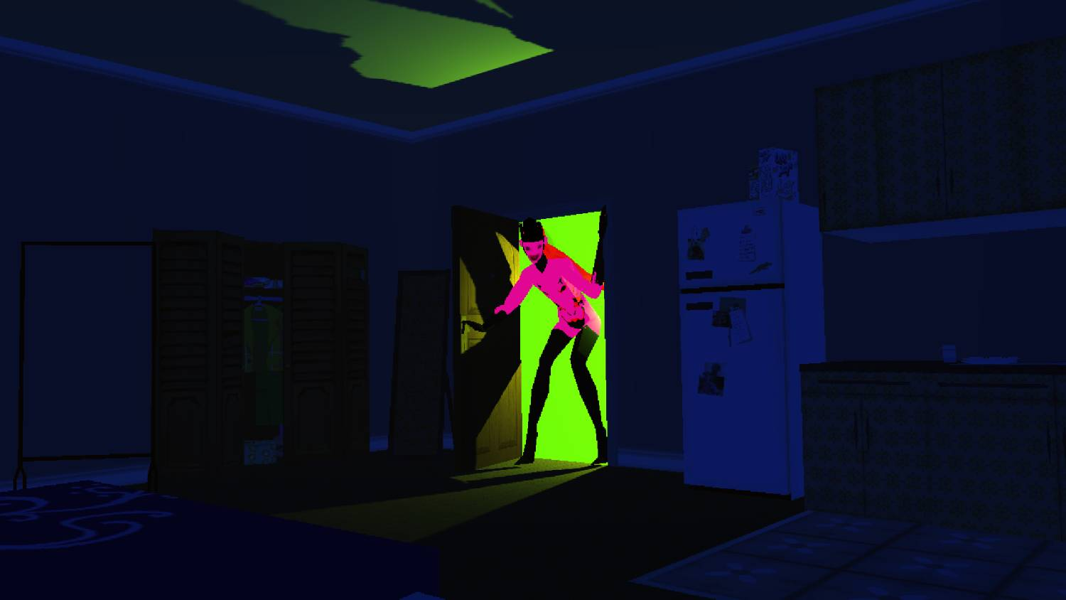 Una silueta rosa en una puerta abierta ilumina de verde brillante una habitación oscura.