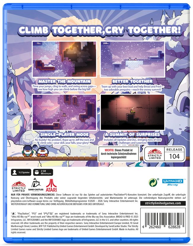 Contraportada de un juego de PlayStation con cuatro capturas y texto sobre el juego de pingüinos Bread and Fred.