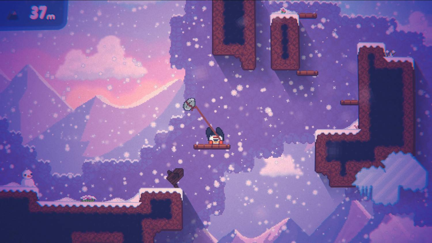 Escena de juego en la nieve con un personaje pequeño en una plataforma, montañas al fondo y cielo rosado.