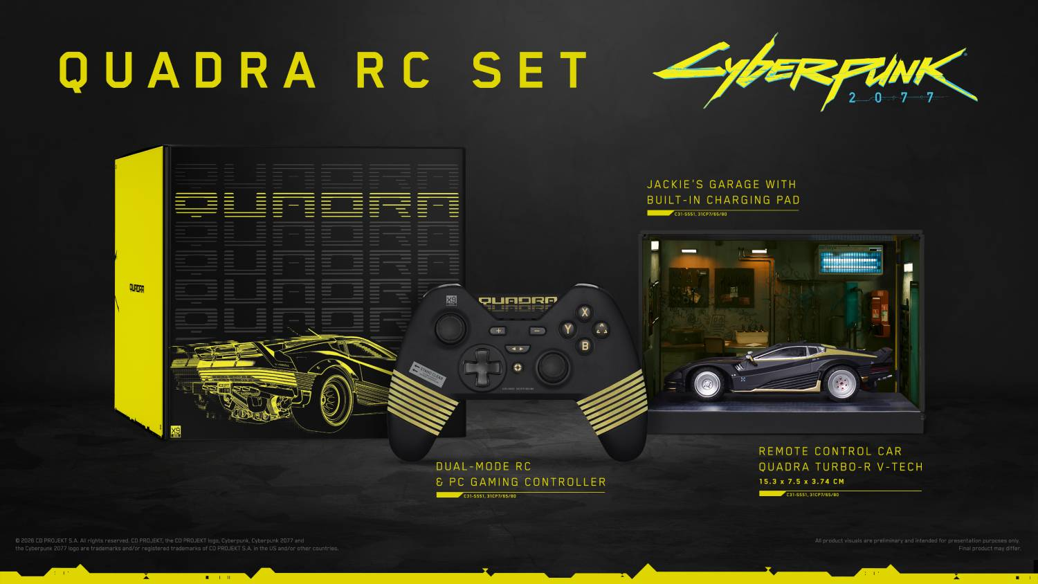 Set RC Cyberpunk Quadra con mando de juegos, garaje y coche teledirigido sobre fondo oscuro.